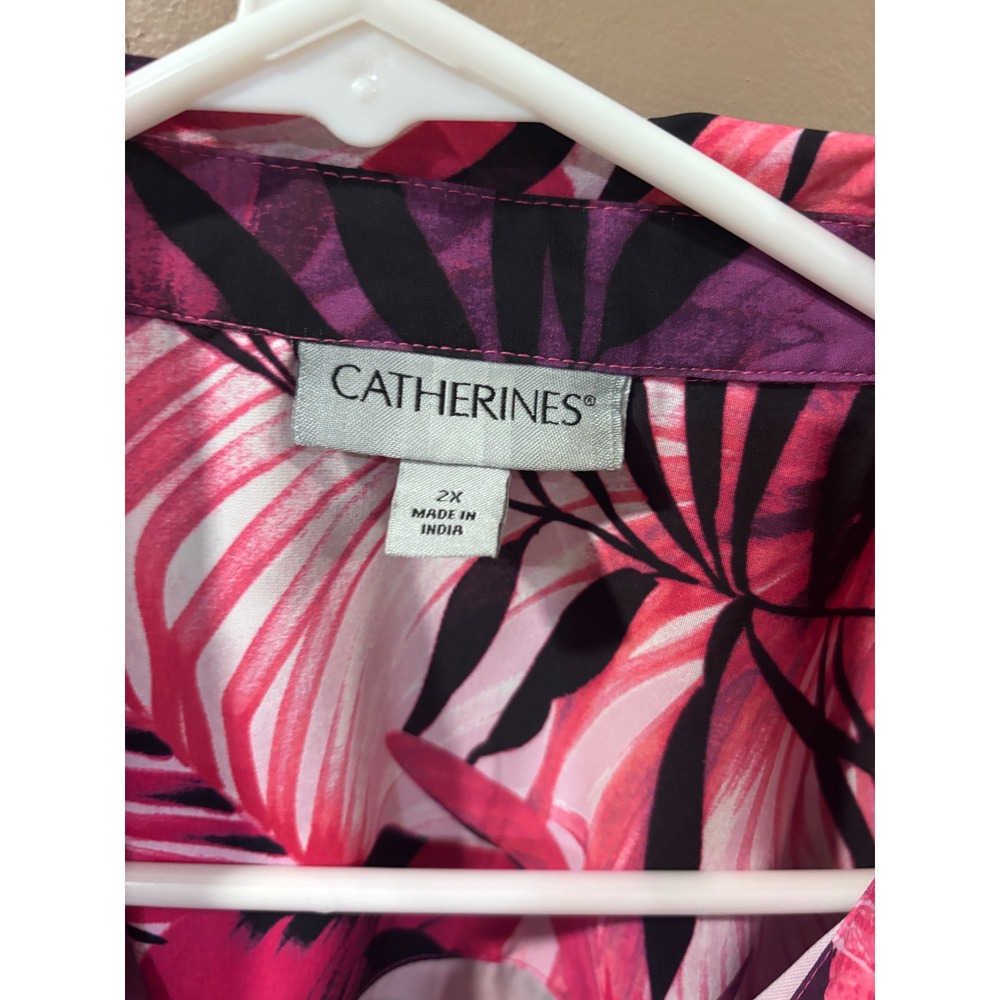 Catherines Womens 2X Tropical Palm Leaf Button Front Blouse Pink Purple Black - Picture 4 of 5